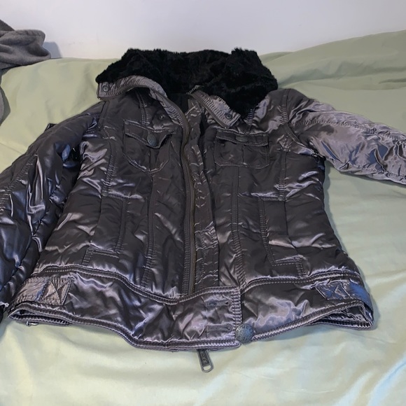 Silver Winter Jacket with Fuzzy Black Hood - Picture 1 of 3